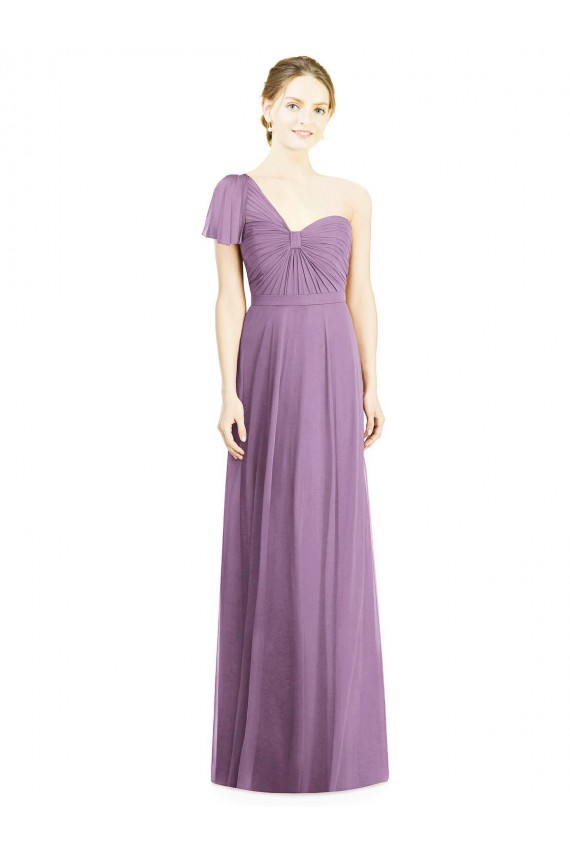 Lavanda Escura Linha A Um Ombro Chiffon Longo Vestidos de Madrinha Acessíveis