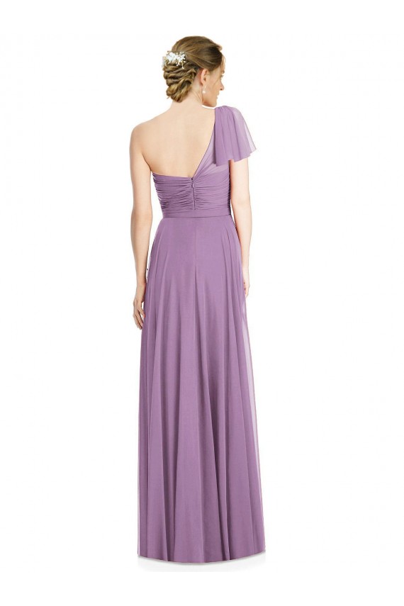Lavanda Escura Linha A Um Ombro Chiffon Longo Vestidos de Madrinha Acessíveis