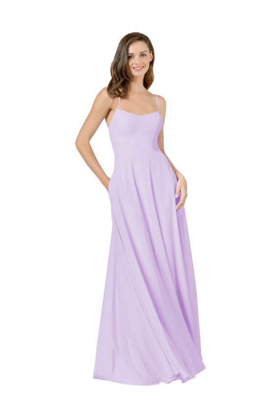 Lilás Chiffon Linha A Decote Quadrado Longo Vestidos de Madrinha Acessíveis