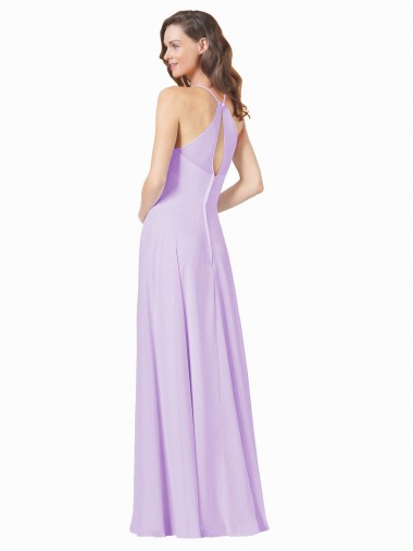Lilás Chiffon Linha A Decote Quadrado Longo Vestidos de Madrinha