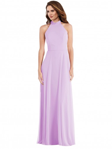 Lilás Chiffon Linha A Lombar Cabeçada Longo Vestidos de Madrinha