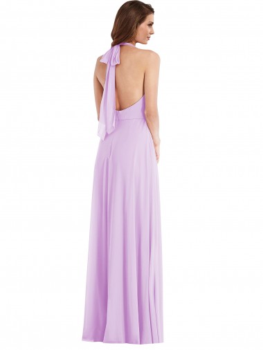Lilás Chiffon Linha A Lombar Cabeçada Longo Vestidos de Madrinha