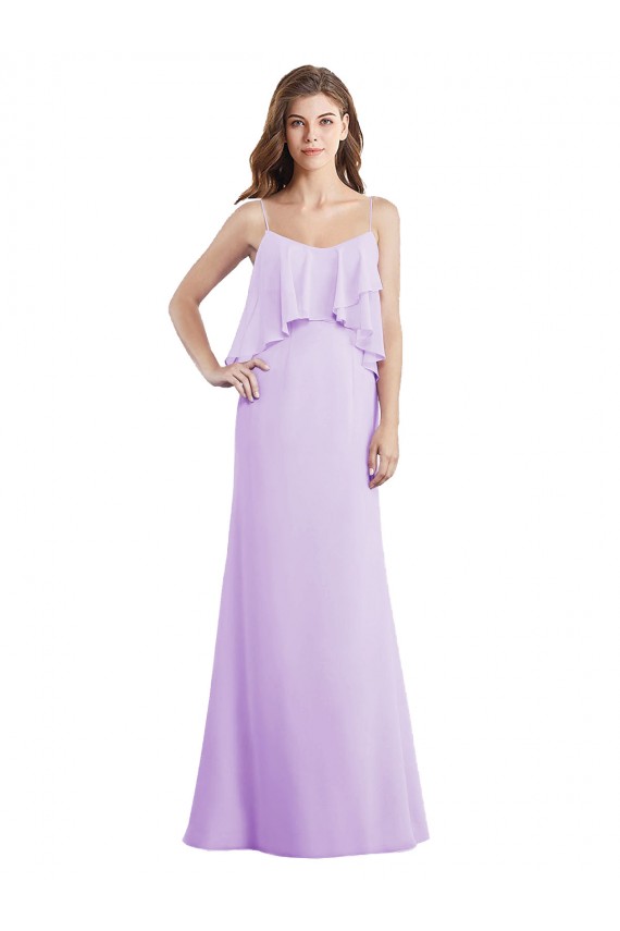 Lilás Chiffon Linha A Lombar Colher Longo Vestidos de Madrinha Acessíveis