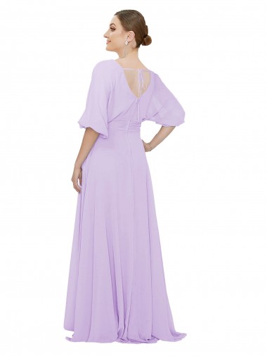 Lilás Chiffon Linha A Mangas 1/2 Decote V Longo Vestidos de Madrinha