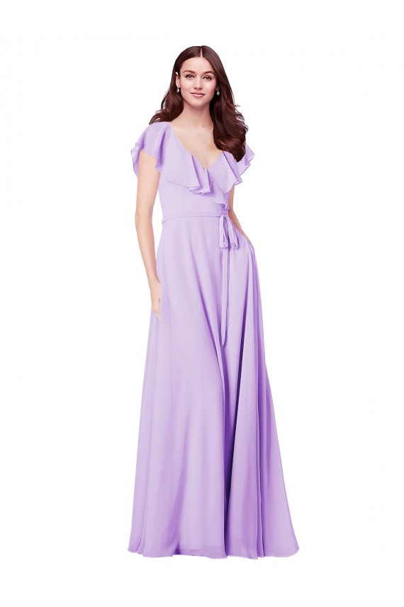 Lilás Chiffon Linha A Mangas Curtas Decote V Longo Vestidos de Madrinha Acessíveis