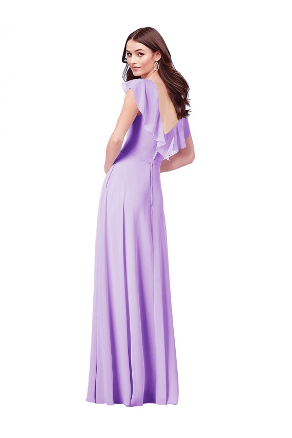 Lilás Chiffon Linha A Mangas Curtas Decote V Longo Vestidos de Madrinha Acessíveis