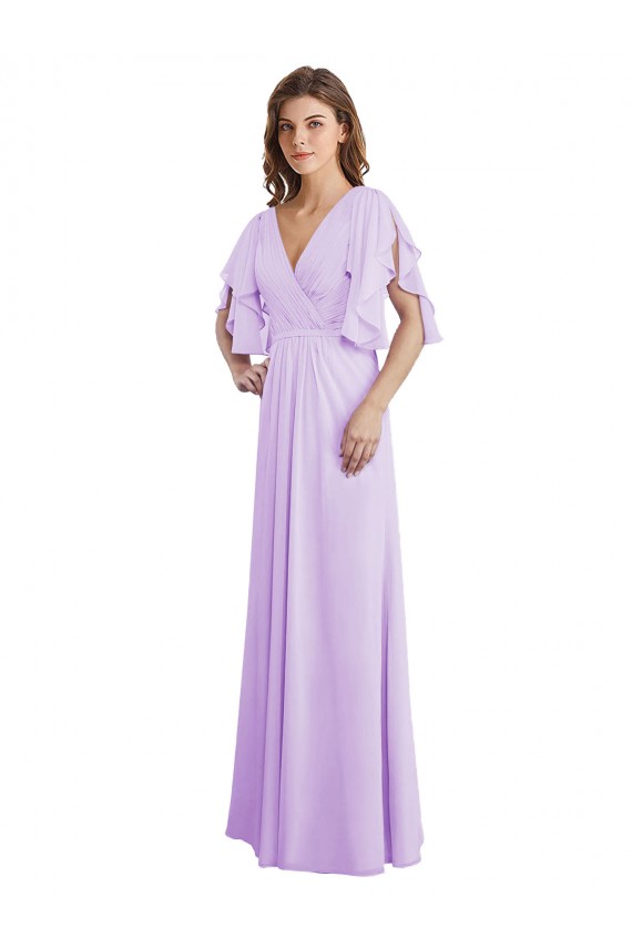 Lilás Chiffon Linha A Mangas Esvoaçantes, Mangas Divididas Decote V Longo Vestidos de Madrinha Acessíveis