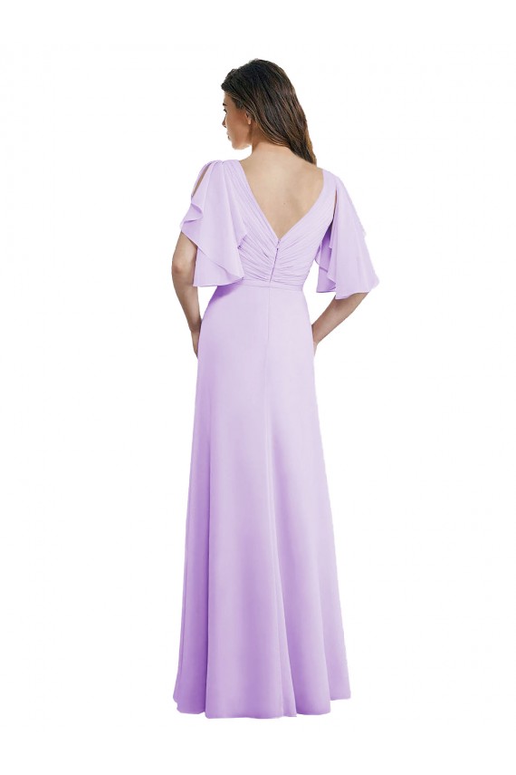 Lilás Chiffon Linha A Mangas Esvoaçantes, Mangas Divididas Decote V Longo Vestidos de Madrinha Acessíveis