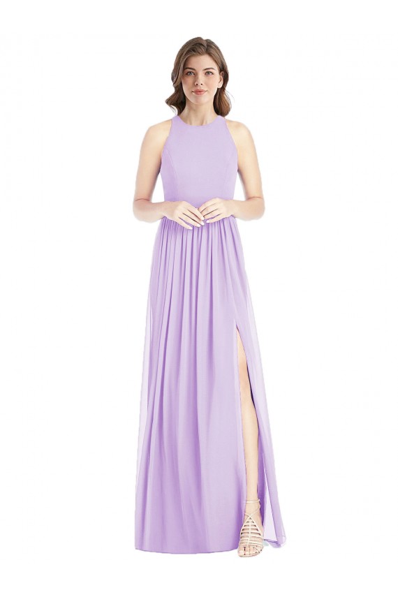 Lilás Chiffon Linha A Sem Mangas Cabeçada Longo Vestidos de Madrinha Acessíveis