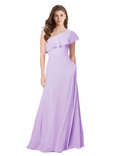 Lilás Chiffon Linha A Sem Mangas Um Ombro Longo Vestidos de Madrinha