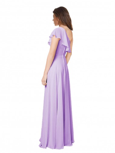 Lilás Chiffon Linha A Sem Mangas Um Ombro Longo Vestidos de Madrinha