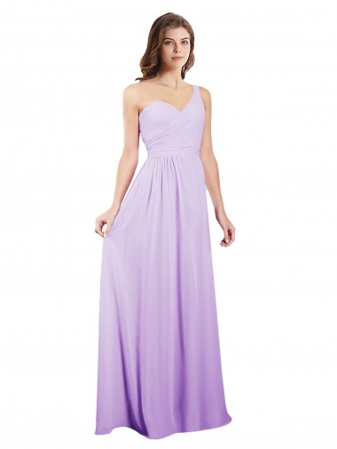 Lilás Chiffon Linha A Um Ombro Longo Vestidos de Madrinha