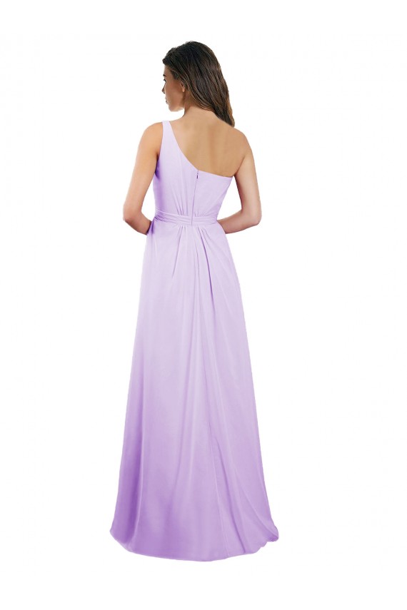 Lilás Chiffon Linha A Um Ombro Longo Vestidos de Madrinha Acessíveis