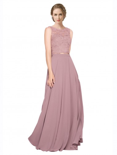 Linha A Decote Ilusão Chiffon & Renda Longo Vestidos de Madrinha / Vestidos de Festa
