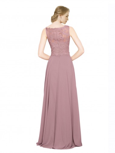 Linha A Decote Ilusão Chiffon & Renda Longo Vestidos de Madrinha / Vestidos de Festa