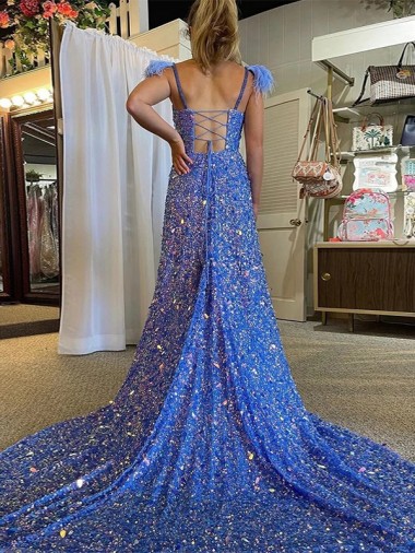 Linha A Decote V Comboio Corte Lantejoulas Veludo Longo Lantejoulas Veludo Vestidos de Festa