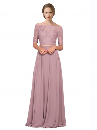 Linha A Fora do Ombro Chiffon & Renda Longo Vestidos de Madrinha / Vestidos de Festa