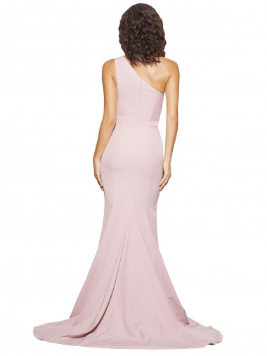Malva Bainha Um Ombro Comboio Varredela Crepe Esticado Longo Vestidos de Madrinha / Vestidos de Festa