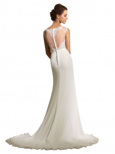 Marfim Bainha Decote Ilusão Comboio Capela Chiffon & Renda Longo Vestidos de Noiva