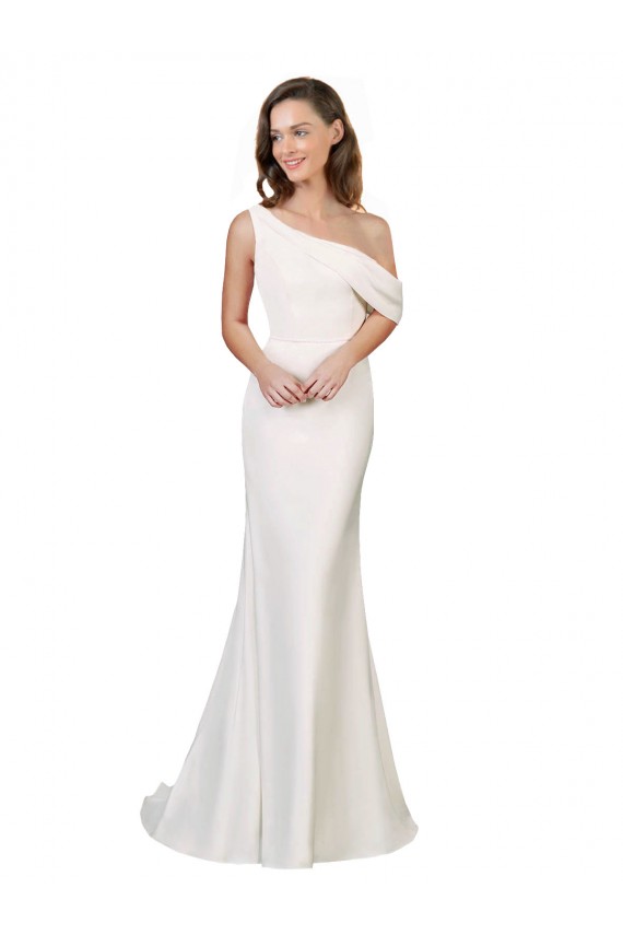 Marfim Bainha Um Ombro Comboio Varredela Crepe Esticado Longo Formais Vestidos de Madrinha / Vestidos de Festa Acessíveis