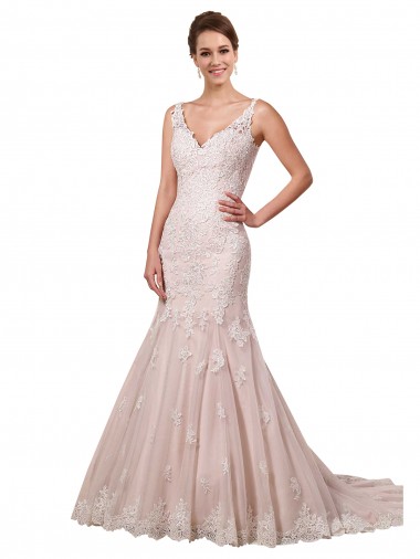 Marfim & Blush Sereia Decote V Comboio Capela Tule & Renda Longo Vestidos de Noiva