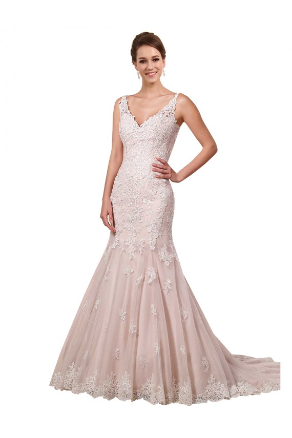 Marfim & Blush Sereia Decote V Comboio Capela Tule & Renda Longo Vestidos de Noiva