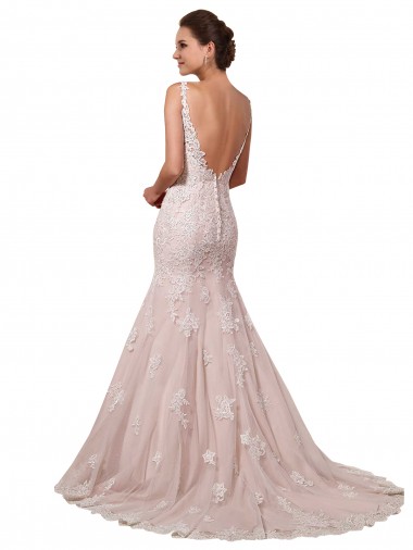 Marfim & Blush Sereia Decote V Comboio Capela Tule & Renda Longo Vestidos de Noiva