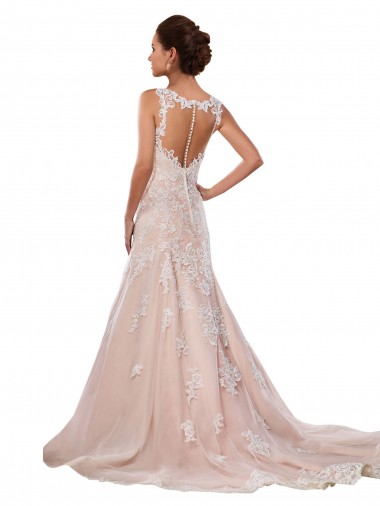 Marfim & Champanhe Linha A Decote V Comboio Capela Renda Longo Vestidos de Noiva