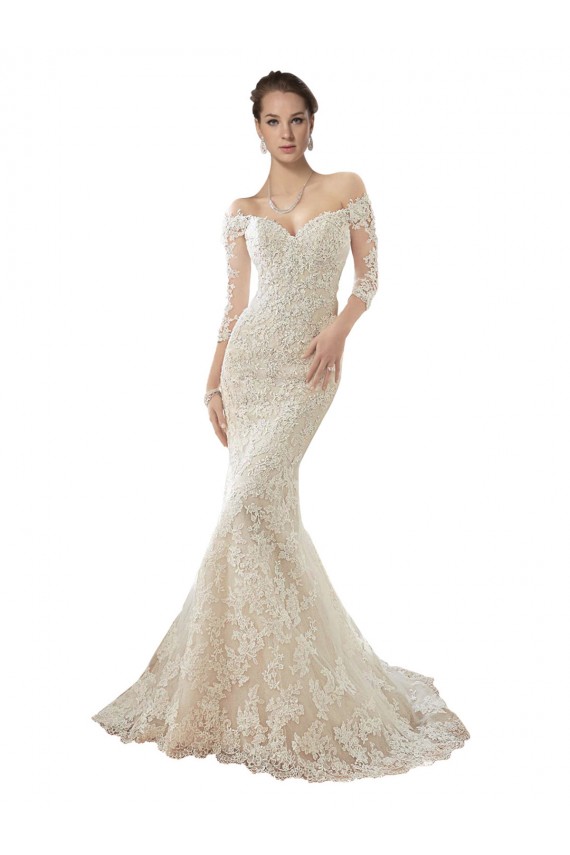 Marfim & Champanhe Sereia Fora do Ombro Comboio Capela Tule & Renda Longo Vestidos de Noiva