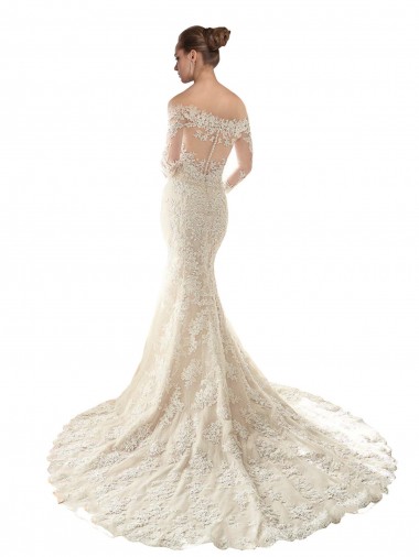 Marfim & Champanhe Sereia Fora do Ombro Comboio Capela Tule & Renda Longo Vestidos de Noiva