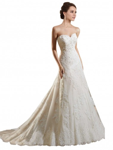 Marfim & Champanhe Tule & Renda Linha A Sem Mangas Amor Longo Vestidos de Noiva