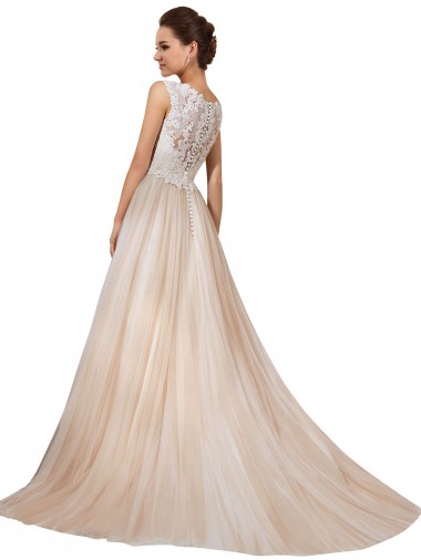 Marfim & Champanhe Tule & Renda Linha A Sem Mangas Decote V Longo Vestidos de Noiva