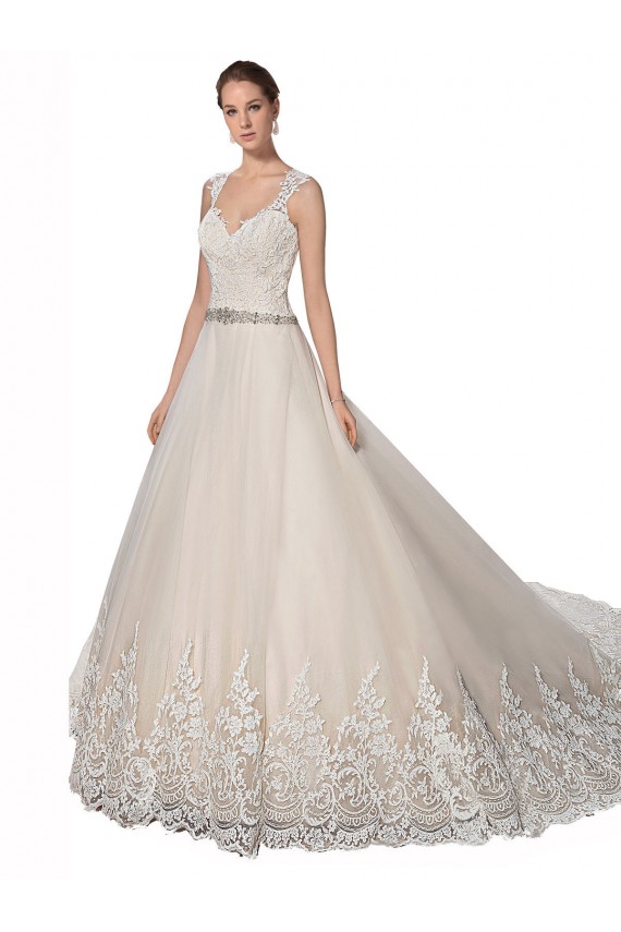 Marfim & Champanhe Tule & Renda Sem Mangas Amor Linha A Longo Vestidos de Noiva Acessíveis