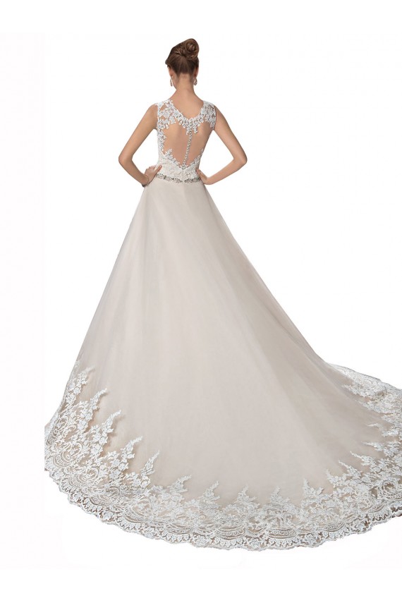 Marfim & Champanhe Tule & Renda Sem Mangas Amor Linha A Longo Vestidos de Noiva Acessíveis