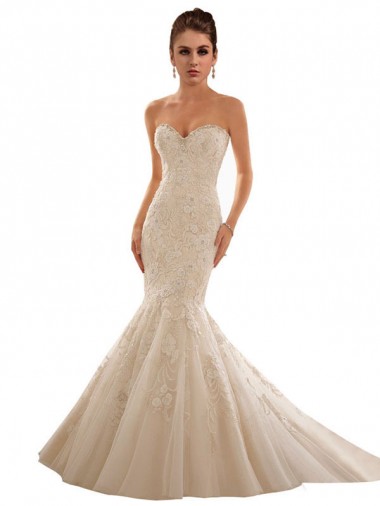 Marfim & Champanhe Tule & Renda Sem Mangas Amor Sereia Longo Vestidos de Noiva