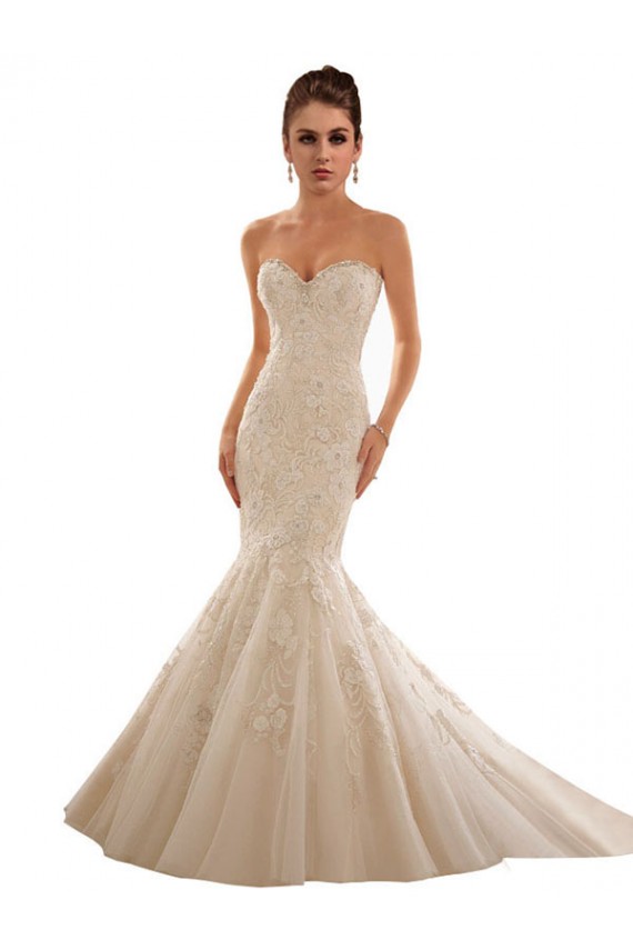 Marfim & Champanhe Tule & Renda Sem Mangas Amor Sereia Longo Vestidos de Noiva Acessíveis