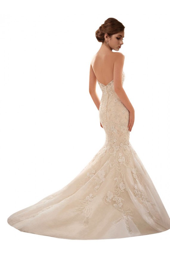 Marfim & Champanhe Tule & Renda Sem Mangas Amor Sereia Longo Vestidos de Noiva Acessíveis