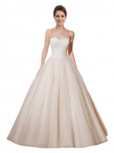 Marfim & Champanhe Tule & Renda Sem Mangas Amor Vestido de Baile Longo Vestidos de Noiva