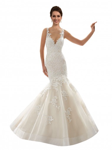 Marfim & Champanhe Tule & Renda Sereia Decote V Longo Vestidos de Noiva