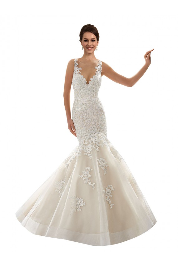 Marfim & Champanhe Tule & Renda Sereia Decote V Longo Vestidos de Noiva