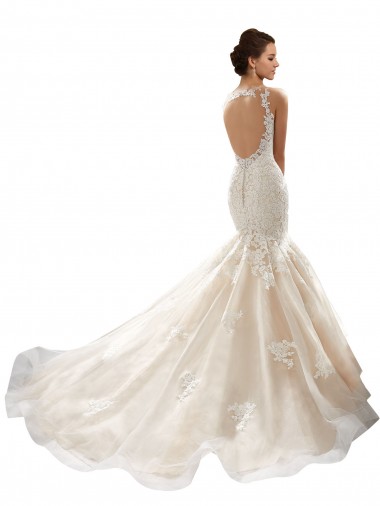 Marfim & Champanhe Tule & Renda Sereia Decote V Longo Vestidos de Noiva