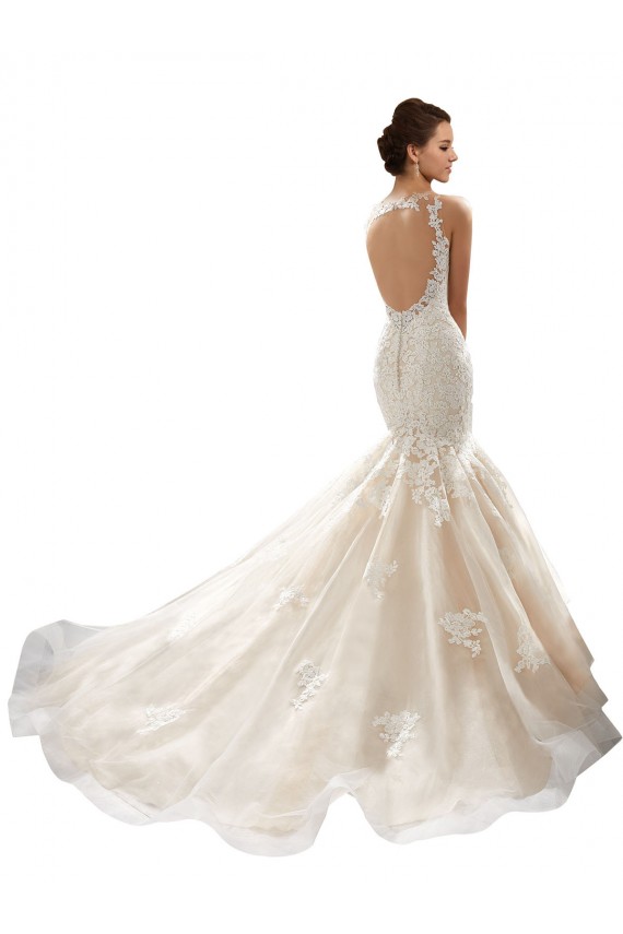 Marfim & Champanhe Tule & Renda Sereia Decote V Longo Vestidos de Noiva