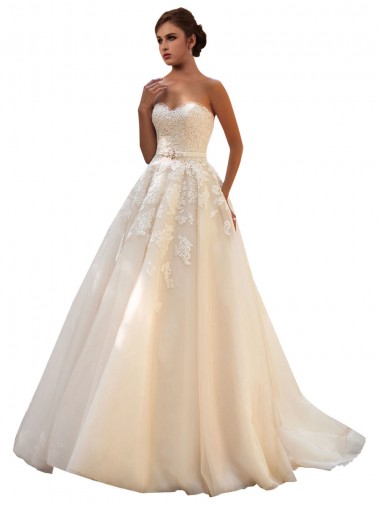 Marfim & Champanhe Tule & Renda Vestido de Baile Amor Longo Vestidos de Noiva