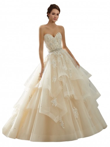 Marfim & Champanhe Tule & Renda Vestido de Baile Sem Mangas Amor Longo Vestidos de Noiva