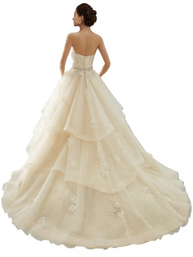 Marfim & Champanhe Tule & Renda Vestido de Baile Sem Mangas Amor Longo Vestidos de Noiva