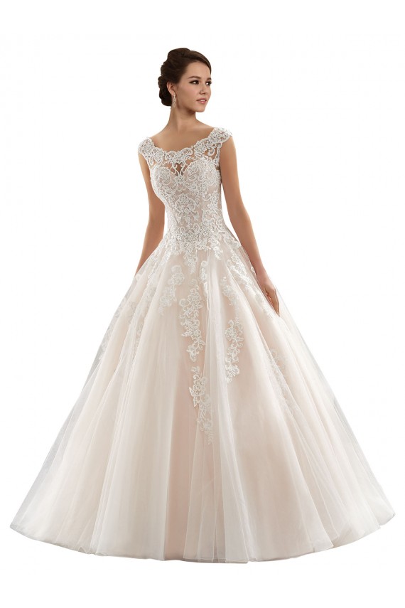 Marfim & Champanhe Vestido de Baile Barco Comboio Capela Tule & Renda Longo Vestidos de Noiva