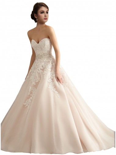 Marfim & Champanhe Vestido de Baile Decote V Comboio Catedral Tule & Renda Longo Vestidos de Noiva