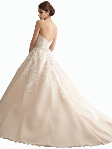 Marfim & Champanhe Vestido de Baile Decote V Comboio Catedral Tule & Renda Longo Vestidos de Noiva