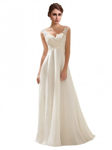 Marfim Chiffon & Renda Linha A Lombar Decote V Longo Vestidos de Noiva