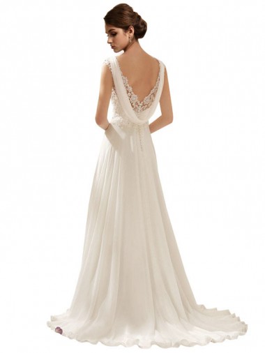 Marfim Chiffon & Renda Linha A Lombar Decote V Longo Vestidos de Noiva